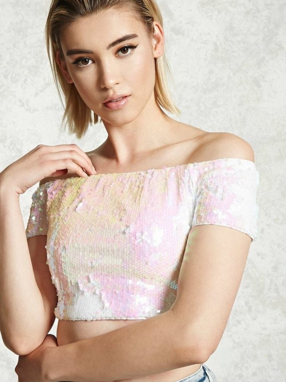 FOREVER 21 White Pink Off-the-Shoulder Sequin Top Small S